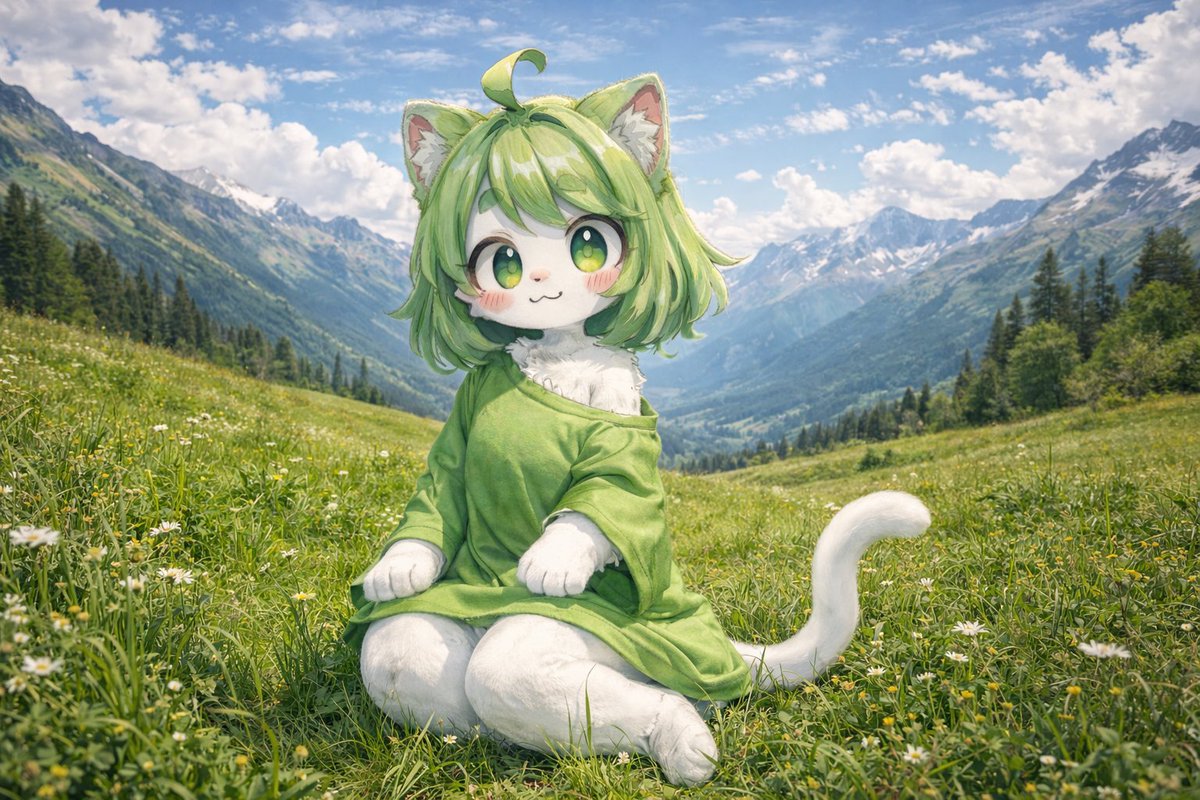 Anime Cat-Girl in Realistic Alpine Meadow