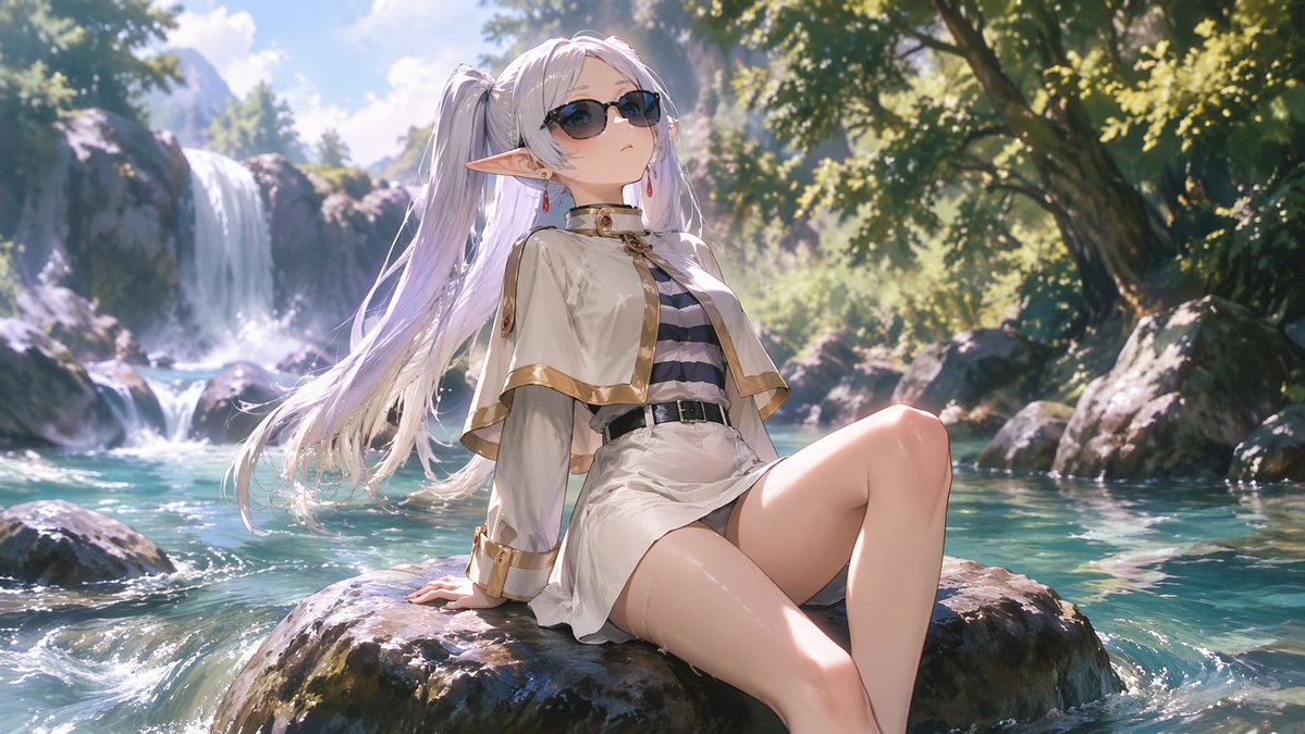 Anime Elf Girl Relaxing in a Forest River