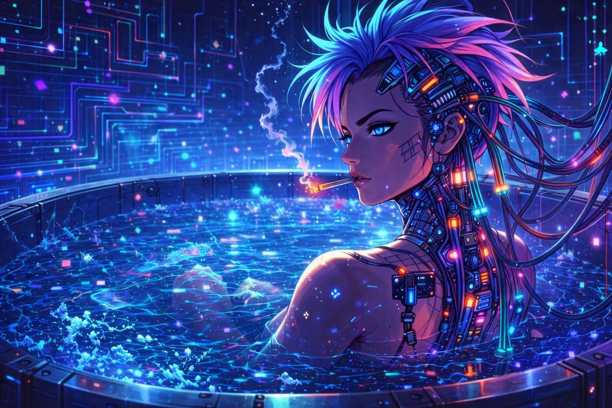 Cyberpunk Anime Character in Neon Tub