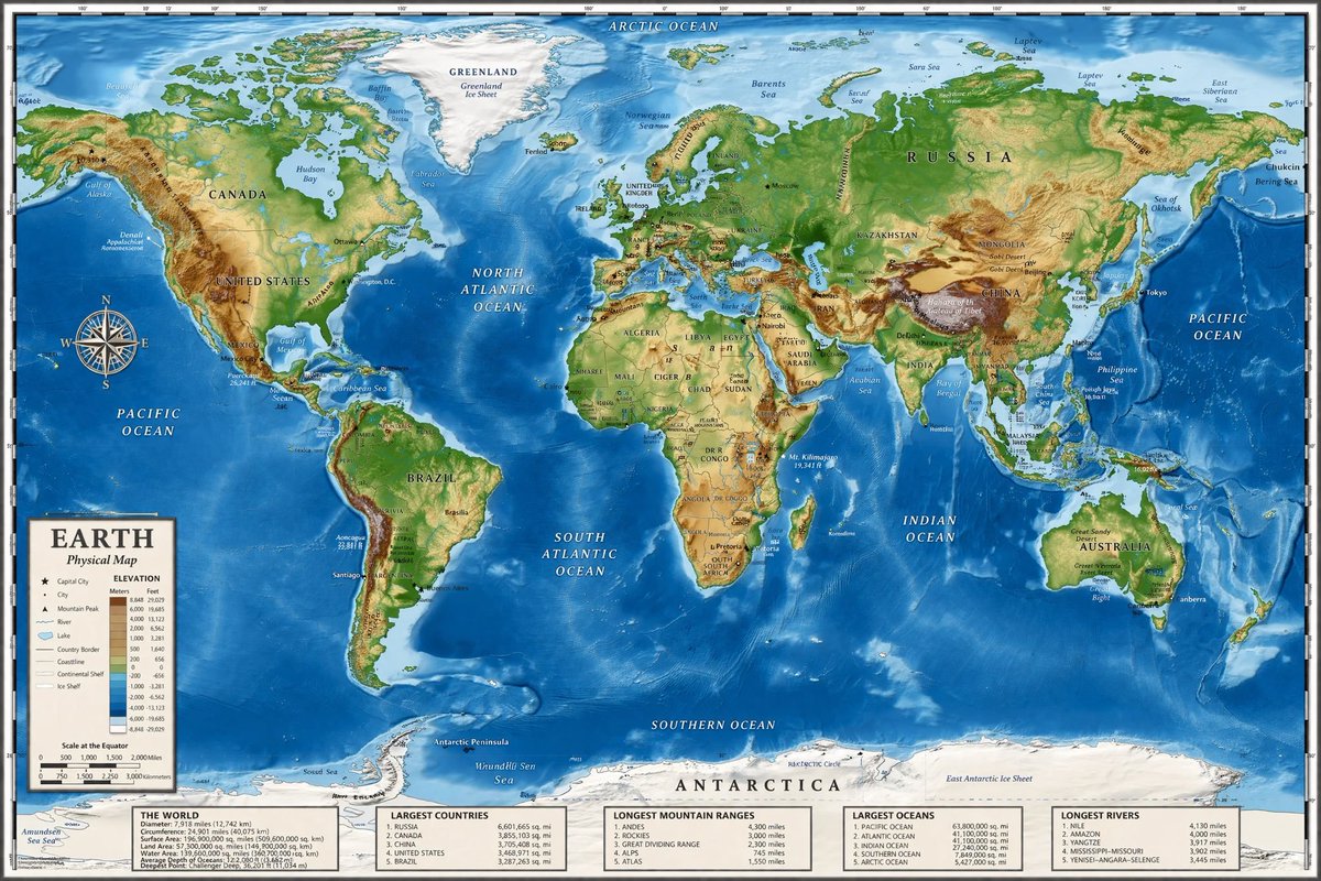 Detailed Physical World Map with Info Panels