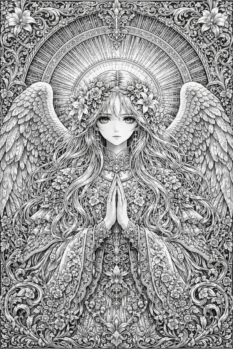 Intricate Monochrome Angel Line Art