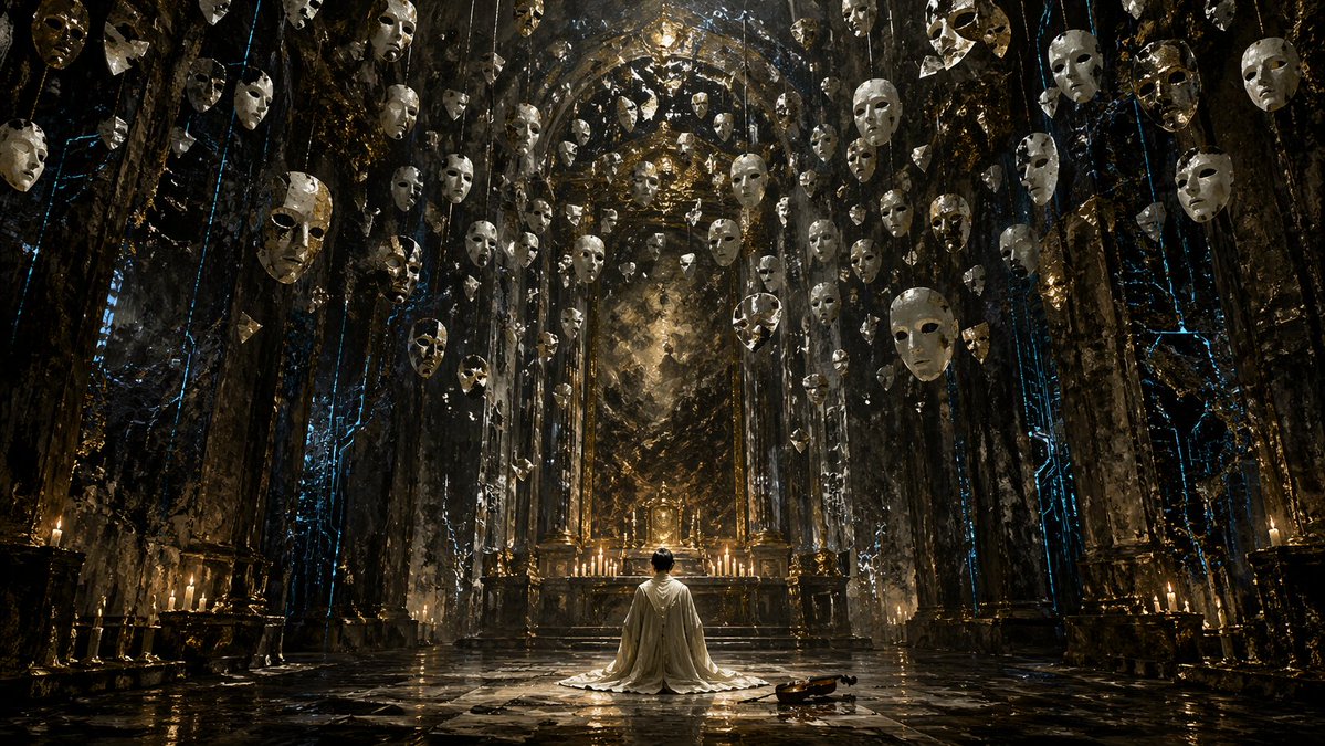Surreal Gothic Hall with Floating Masks