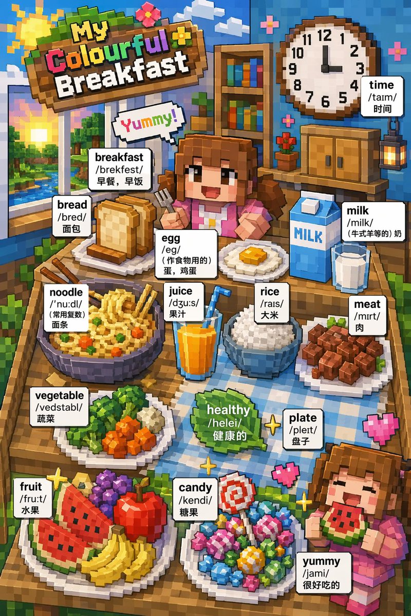 Voxel Art Bilingual Breakfast Vocabulary Poster
